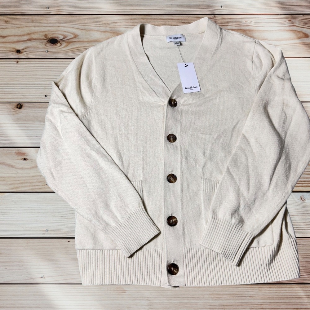 New Goodfellow & Co Cardigan Men‎ M Cream Sweater Knit Button Front Pockets Soft